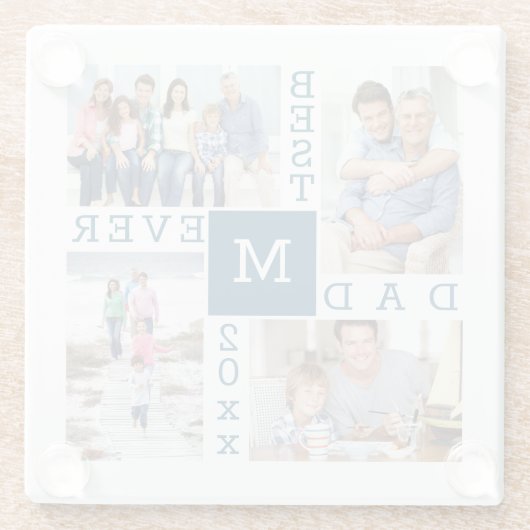 最高のパパエバー4フォトコラージュブルーホワイトモノグラム ガラスコースター (裏面)