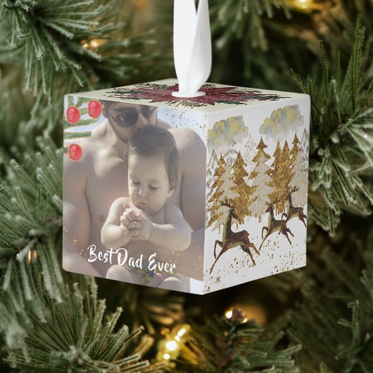最高のパパ母金ゴールドクリスマス写真ファミリーコラージュ キューブオーナメント (ツリー)