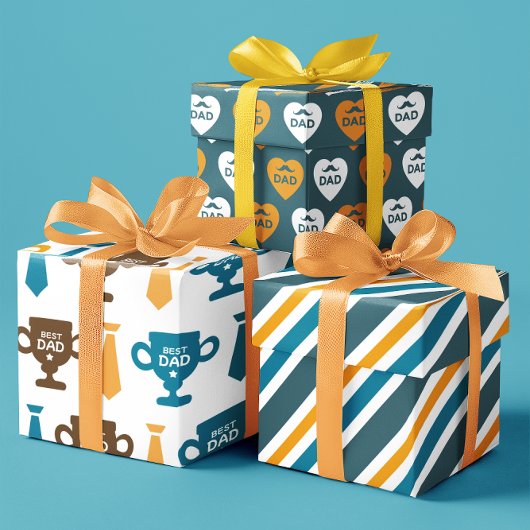 最高のパパ黄色と青のハートトロフィーのセット3 ラッピングペーパーシート