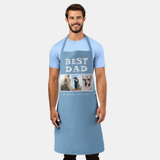 最高のパパ3フォトコラージュキープサキーブルー エプロン (着用した状態)