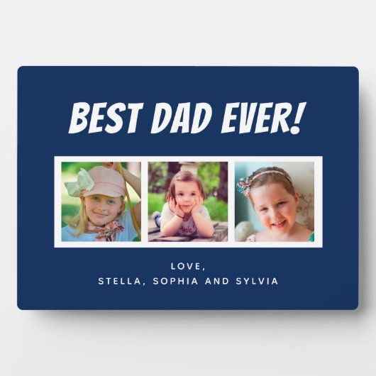 最高のパパ3枚の写真ファミリーブルー フォトプラーク (正面)