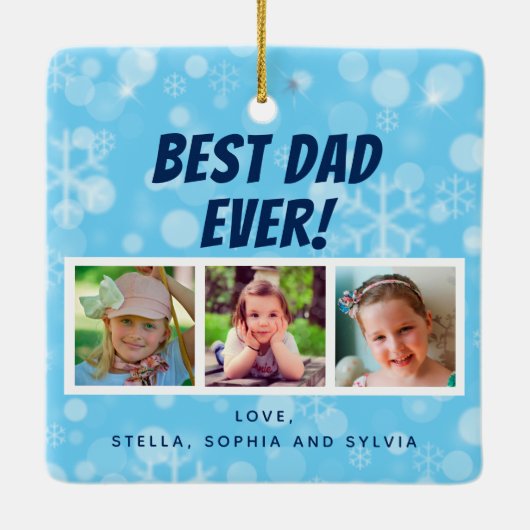 最高のパパ3枚写真スノーフレーク セラミックオーナメント (裏面)