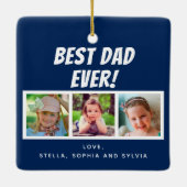 最高のパパ3枚写真ネイビーブルー セラミックオーナメント (裏面)