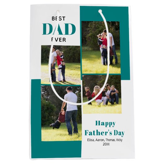 最高のパパ4枚の写真ティール（緑がかった色）父の日 ミディアムペーパーバッグ (正面)