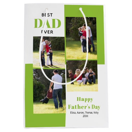 最高のパパ4枚の写真ライムグリーン父の日 ミディアムペーパーバッグ (正面)