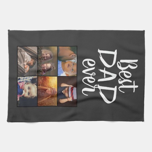 最高のパパ6フォトコラージュ家族フォトグレー キッチンタオル (横)