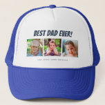 最高のパパ | 3枚の写真 キャップ<br><div class="desc">この帽子は、子供やパパの写真のための3つのフォトフレームを備えている。ダークブルーの文字最高の「パパEver」が写真の上に表示されカスタム、以下の文字では子供の名前でパーソナライズすることができる。これは、すべてのパパのための完璧な心の父の日または誕生日の贈り物である。</div>