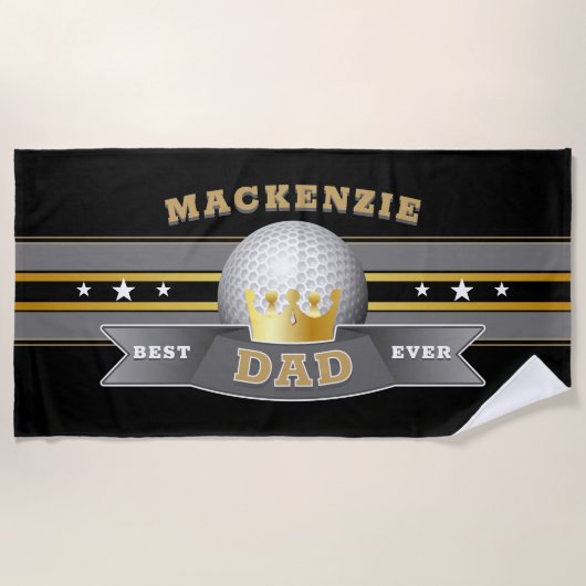 最高のパパEVERゴルフボールON BLACK ビーチタオル (正面)