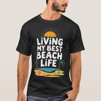 最高のビーチライフを満喫中 楽しいレトロサンセットサマー Tシャツ