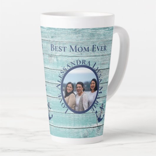 最高のママエバーティール（緑がかった色）ウッド航海のネイビーいかり カフェラテマグ (右アングル)