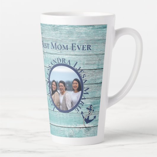 最高のママエバーティール（緑がかった色）ウッド航海のネイビーいかり カフェラテマグ (右)