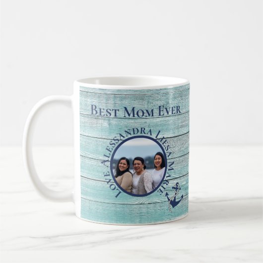 最高のママエバーティール（緑がかった色）ウッド航海のネイビーいかり コーヒーマグカップ (左)