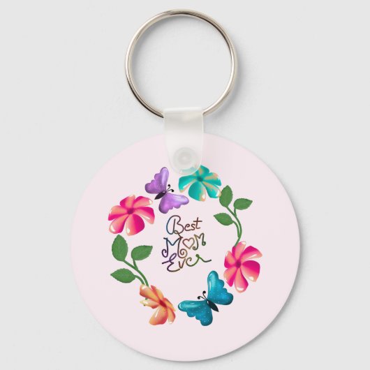 最高のママ 花輪デザイン 花と可愛い蝶 キーホルダー (正面)