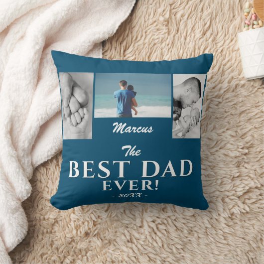 最高のモダンパパブルー父の日3写真コラージュ クッション (ブランケット)