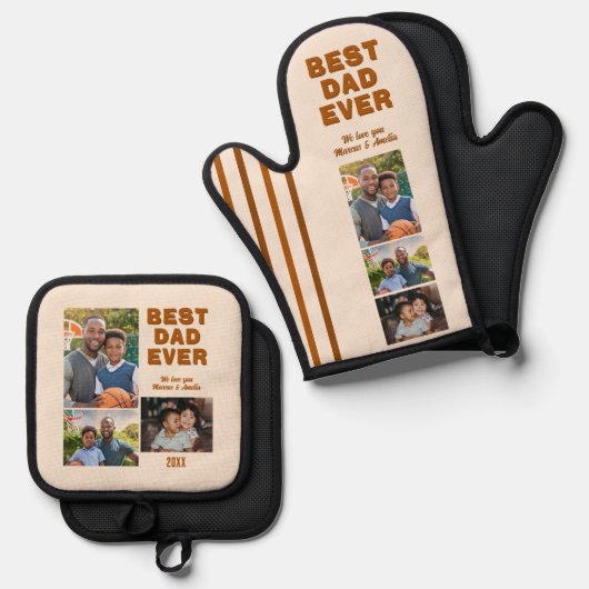 最高のモダンパパ3写真コラージュ父の日 鍋つかみ&鍋敷きセット (正面/裏面)