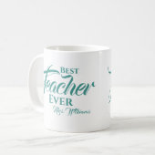 最高の先生のティール（緑がかった色）名スクリプトタイポグラフィ コーヒーマグカップ (正面左)