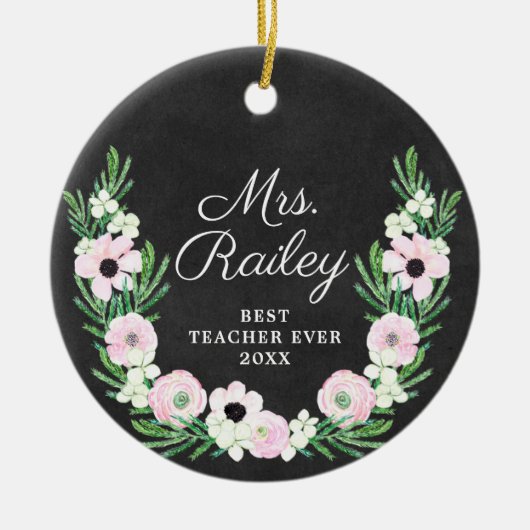 最高の先生エバパーソナライズされたホフラワーリース セラミックオーナメント (正面)
