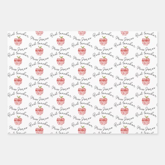 最高の先生ワードアート赤りんご大ハート ラッピングペーパーシート (正面2)