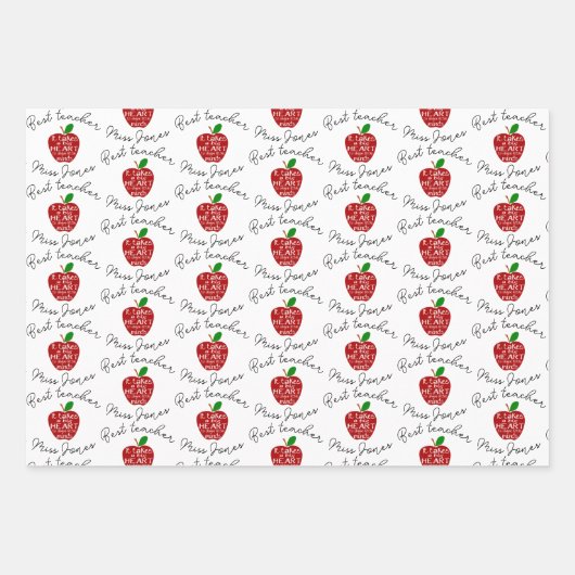 最高の先生ワードアート赤りんご大ハート ラッピングペーパーシート (正面)