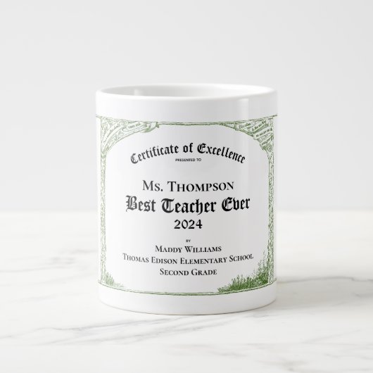 最高の先生常に優秀な証明書 ジャンボコーヒーマグカップ (正面)