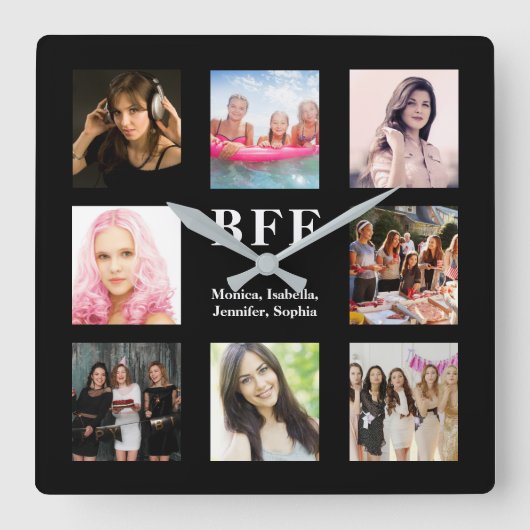 最高の友の黒写真コラージュbff スクエア壁時計 (正面)