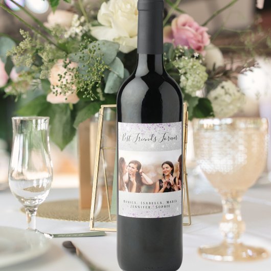 最高の友達の写真 銀色 紫色 グリッター ダスト ワインラベル