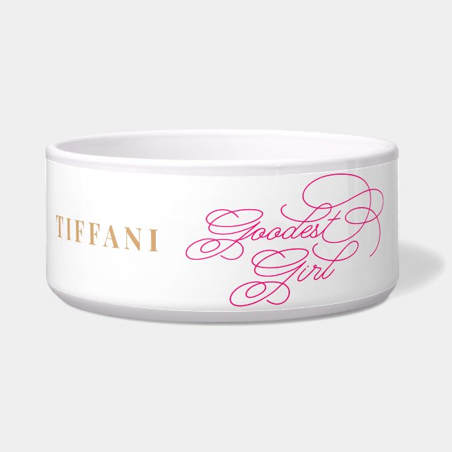 最高の女おもしろいの子のエレガント上品な白ピンクの犬 ボウル (正面)