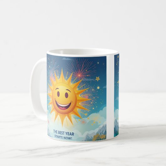 最高の年に今からなろう!笑顔の太陽と花火 コーヒーマグカップ (正面左)