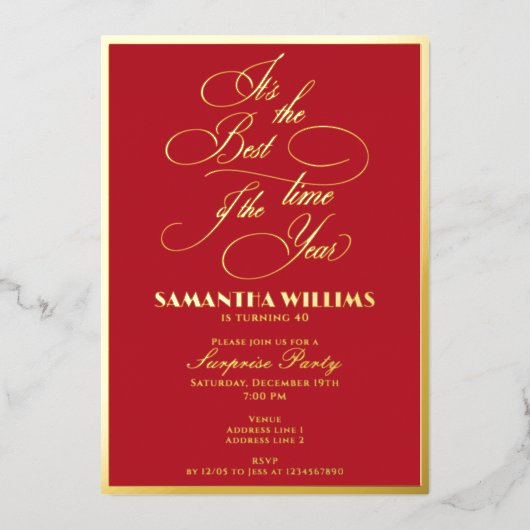 最高の年の時間Redエレガント Any Age誕生日 箔招待状 (正面)