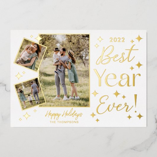 最高の年!3家族の写真スクラップブックコラージュ 箔シーズンカード (正面)