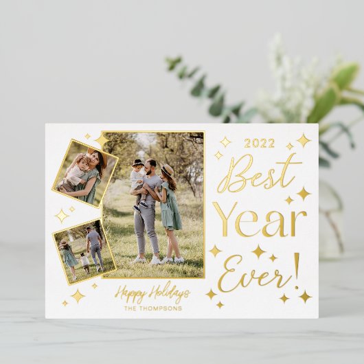 最高の年！3家族の写真スクラップブックコラージュ 箔シーズンカード (立ち正面)
