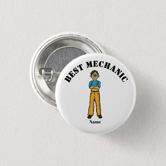 最高の整備士ボタン – オリーブ肌オス整備士 缶バッジ (正面&裏面)