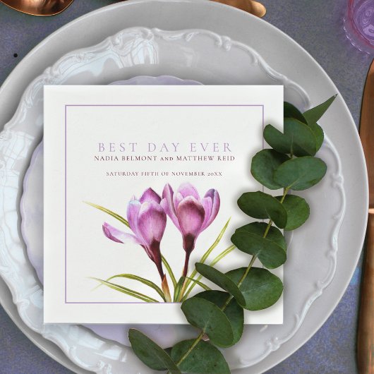 最高の日の紫のクロッカスの水結婚色 スタンダードカクテルナプキン