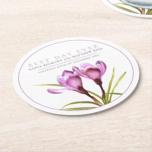 最高の日の紫のクロッカスの水結婚色 ラウンドペーパーコースター (アングル)