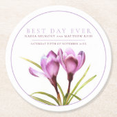 最高の日の紫のクロッカスの水結婚色 ラウンドペーパーコースター (正面)