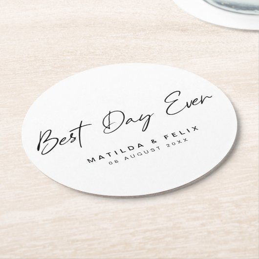 最高の日 |ホワイトウェディングのミニマリスト ラウンドペーパーコースター (アングル)
