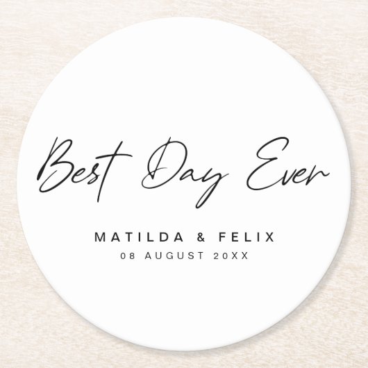 最高の日 |ホワイトウェディングのミニマリスト ラウンドペーパーコースター (正面)