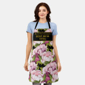 最高の母のブラック金ゴールド名ピンク牡丹フローラ エプロン (着用した状態)