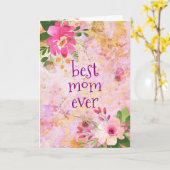 最高の母のヴィンテージピンクの金ゴールドフローラ水色 カード (黄色い花)