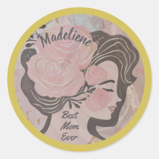 最高の母の花かわいらしの金ゴールド枠の丸い名前 ラウンドシール (正面)