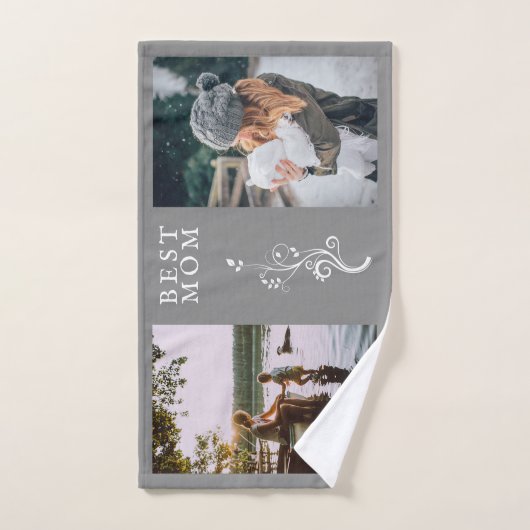 最高の母の葉2カスタム枚の写真Mother Gray バスタオルセット (ハンドタオル)