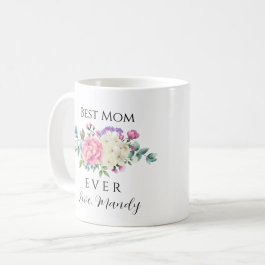 最高の母はピンクと白のフローラ コーヒーマグカップ (正面左)