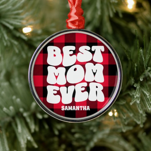 最高の母は今ま素朴で赤いバッファローの格子縞クリスマス メタルオーナメント (ツリー)