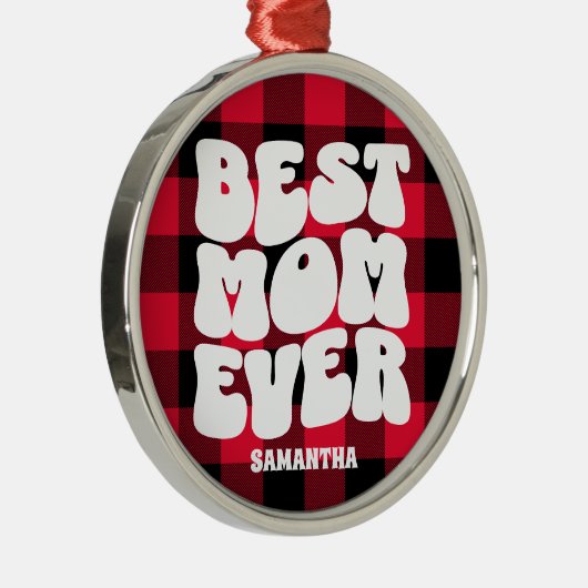 最高の母は今ま素朴で赤いバッファローの格子縞クリスマス メタルオーナメント (右)