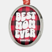 最高の母は今ま素朴で赤いバッファローの格子縞クリスマス メタルオーナメント (左)