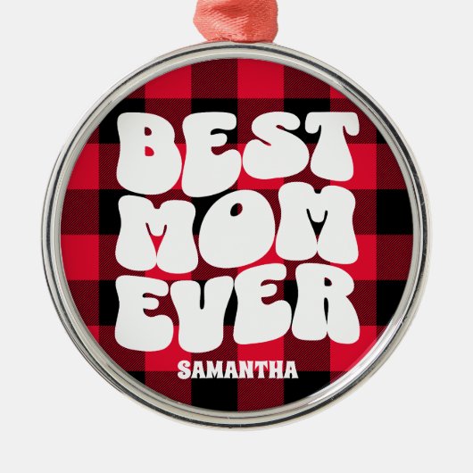 最高の母は今ま素朴で赤いバッファローの格子縞クリスマス メタルオーナメント (正面)
