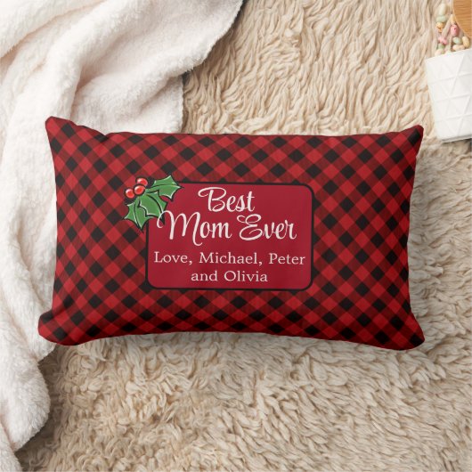 最高の母は常にクリスマスクラシック赤い格子戸ホリー ランバークッション (ブランケット)