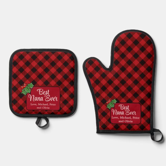 最高の母は常にクリスマスクラシック赤い格子戸ホリー 鍋つかみ&鍋敷きセット (正面)
