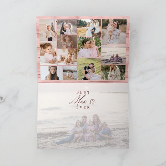 最高の母は常に写真コラージュのピンクの木目 カード (内部)