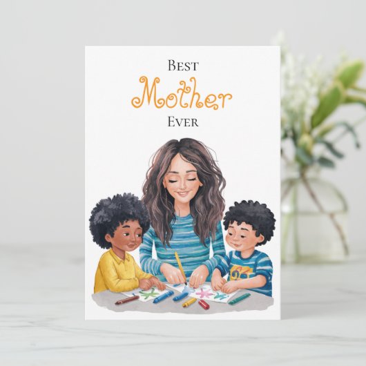 最高の母へ 子供とママのペイントデザイン カード (スタンド正面)